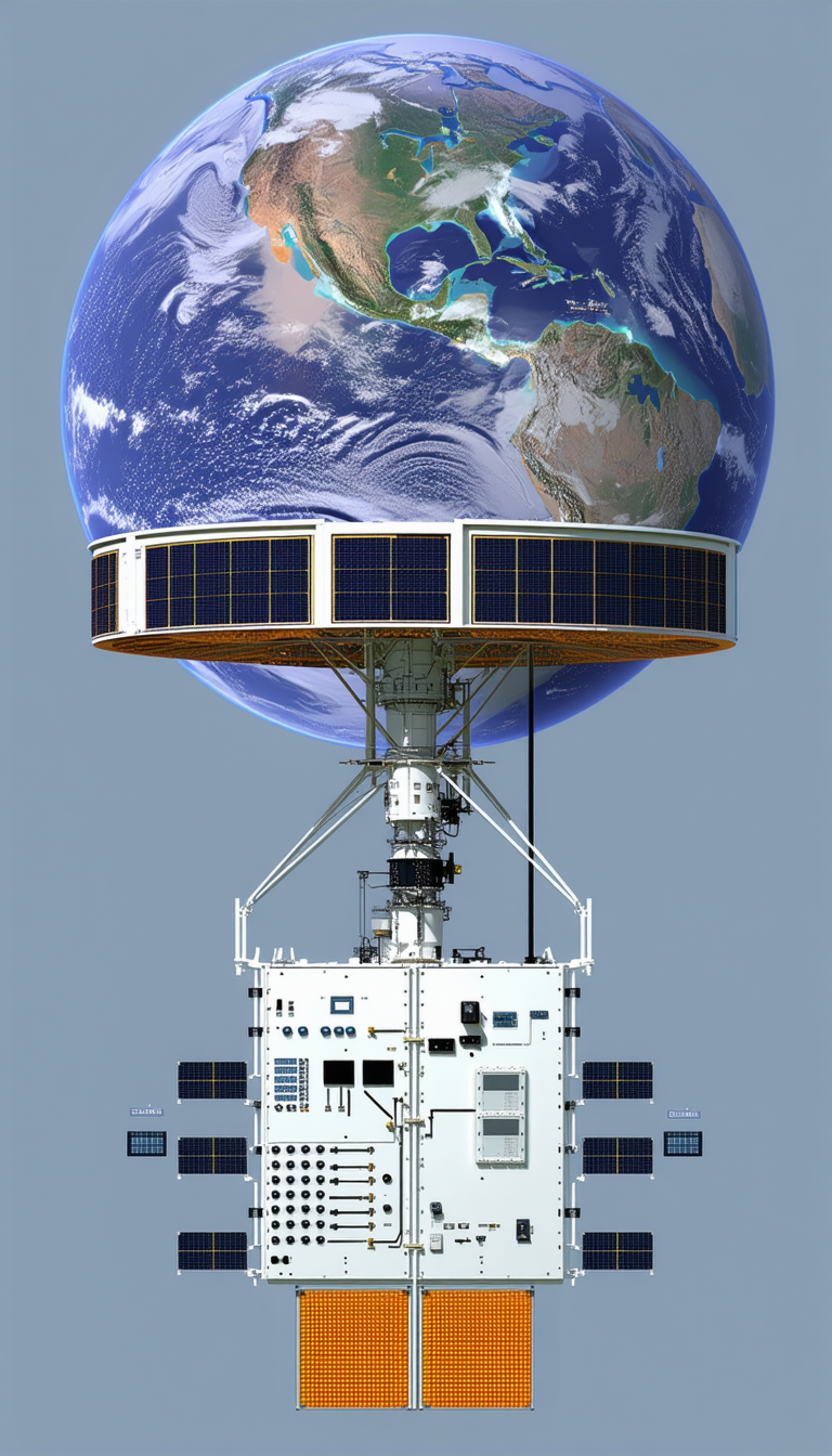 A Large White Satellite Is Shown In A Close-up View, With A Blue And White Earth In The Background