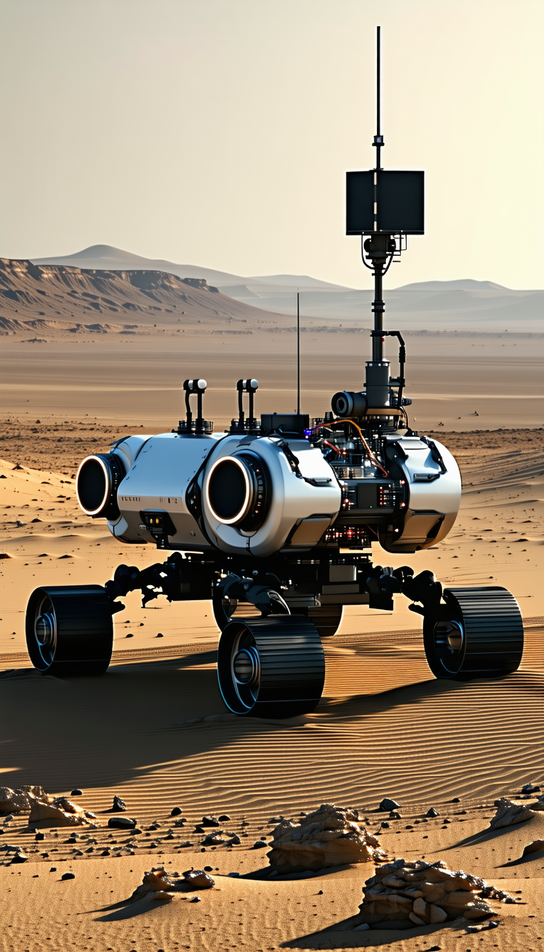 A Large Robotic Vehicle With Four Wheels, Sitting In A Desert-like Environment
