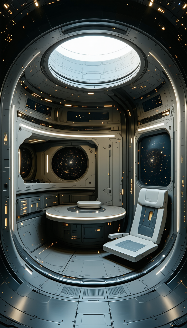 In This Image, There Is A Futuristic Space Station With A Large Round Window