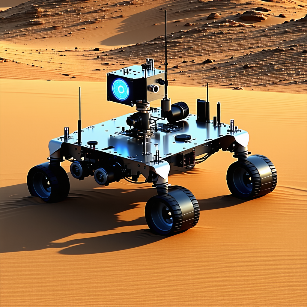 A Robot Is Sitting On A Sandy Surface, Possibly A Desert