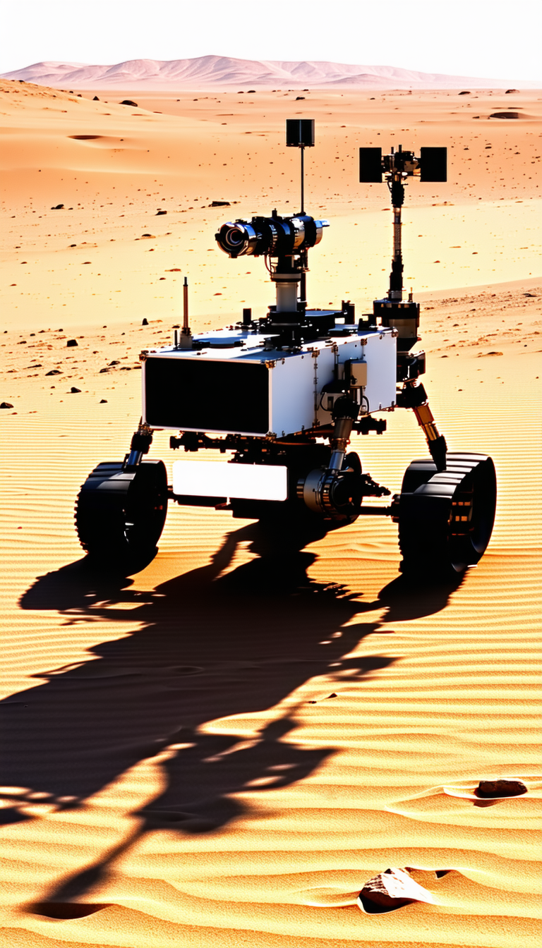 A White Robotic Vehicle, Possibly A Rover, Driving Across A Sandy Terrain