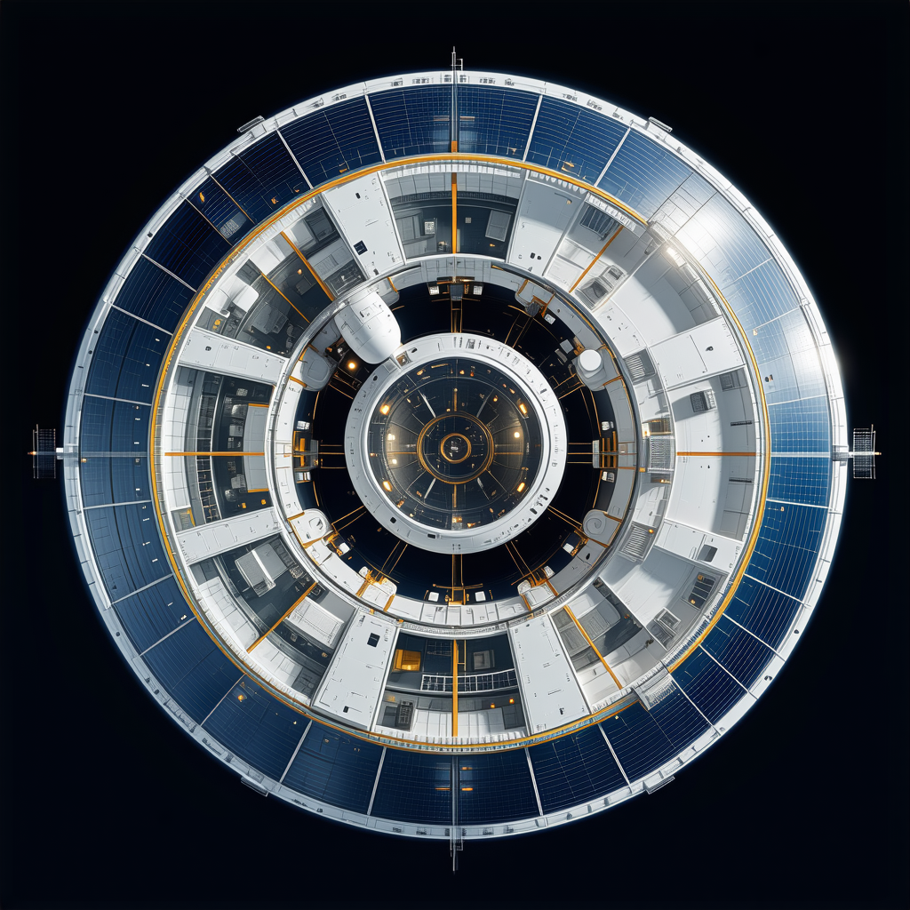 The Image Is A Close-up Of A Large, Round Structure, Possibly A Space Station Or A Satellite