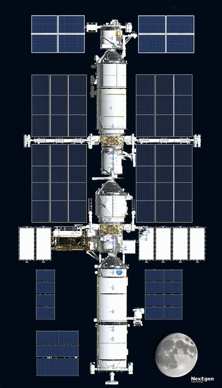 A Large Spacecraft With A White And Blue Color Scheme