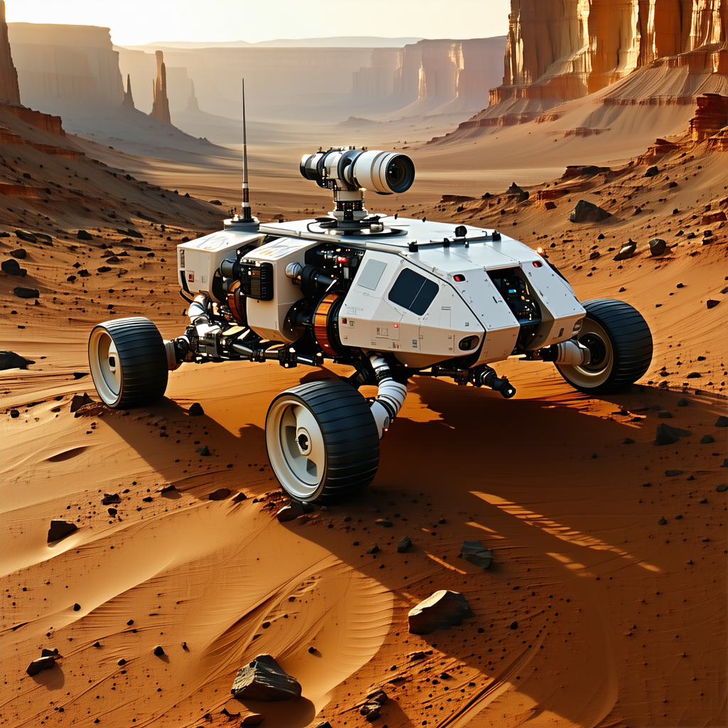 A Futuristic Vehicle, Possibly A Rover Or A Spacecraft, Parked On A Rocky Surface