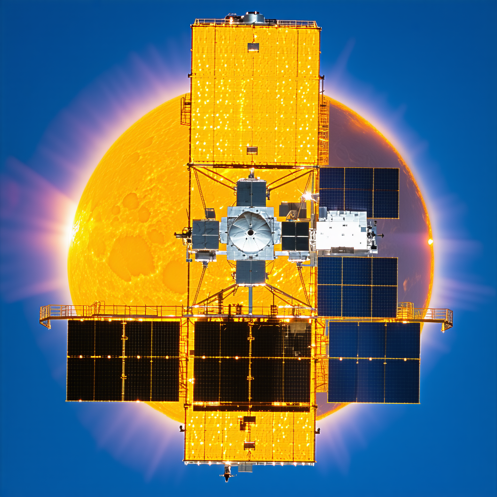 A Space Station With A Large Yellow Satellite On Top Of It
