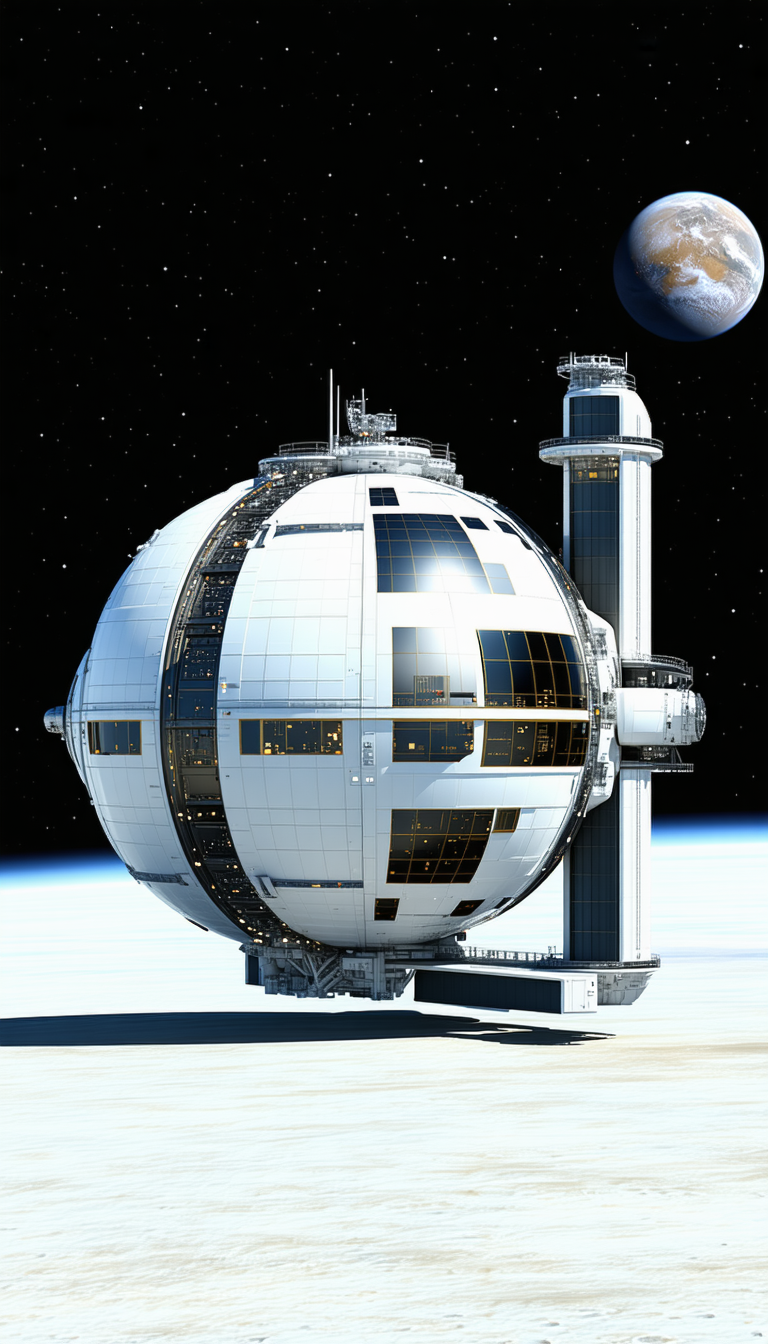 A Large White Space Station Is Floating In The Air