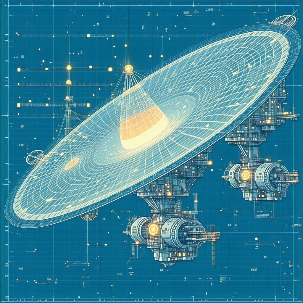 In The Image, There Is A Large, Blue, Three-dimensional Model Of A Spacecraft