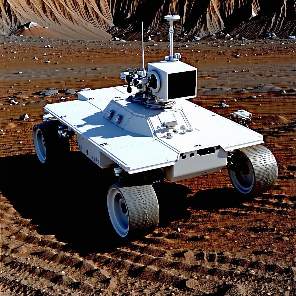 A White Robotic Vehicle, Possibly A Rover, Parked On A Dirt Surface