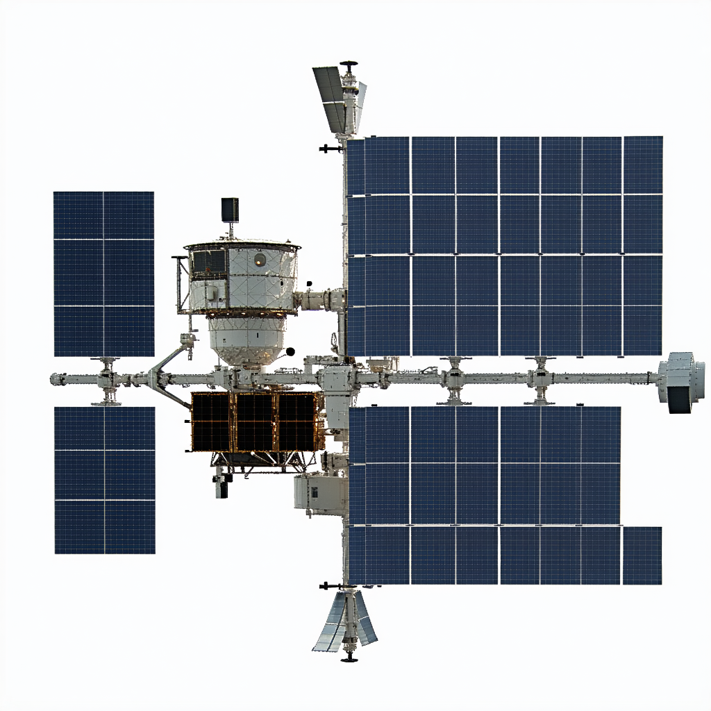 A Large Spacecraft Is Shown In A White Background, With A Solar Panel On The Side