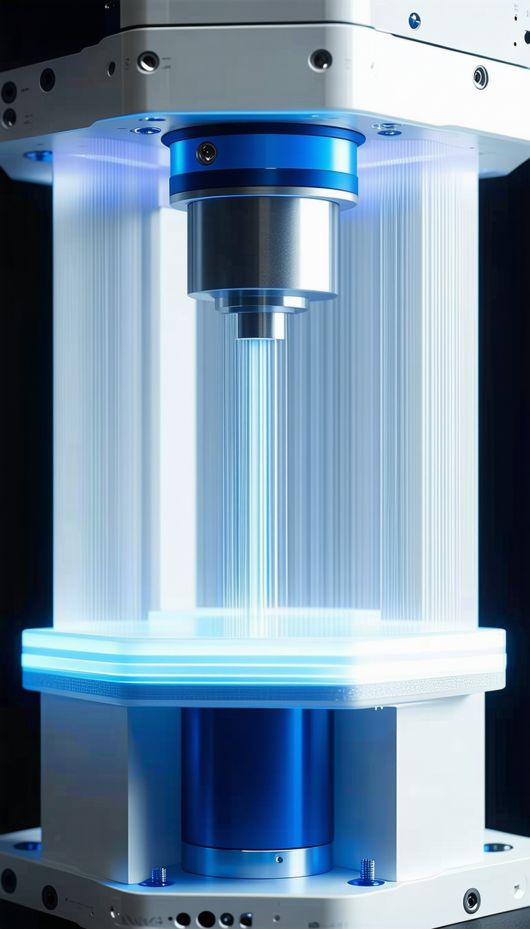 A White And Blue Machine With A Blue Light Shining Through It
