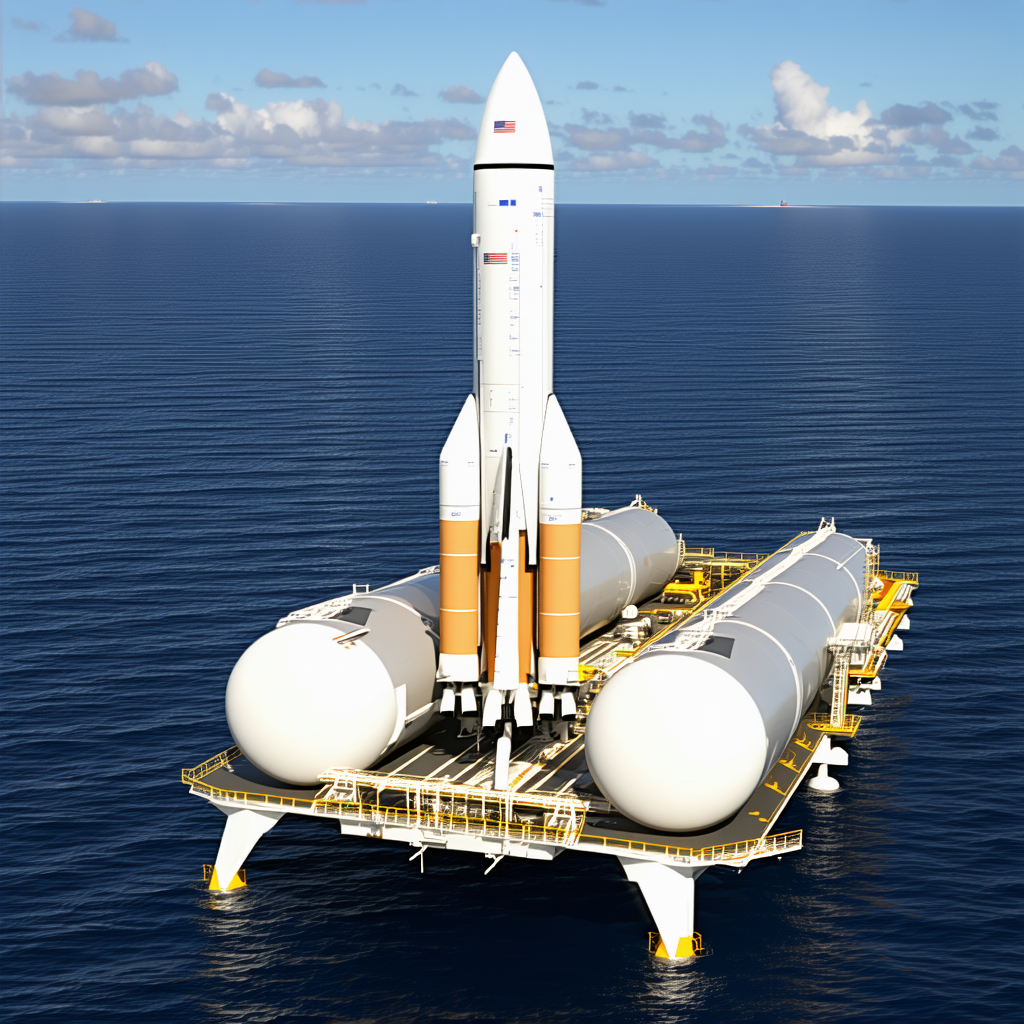 A Large Space Shuttle Floating On Top Of A Platform In The Ocean