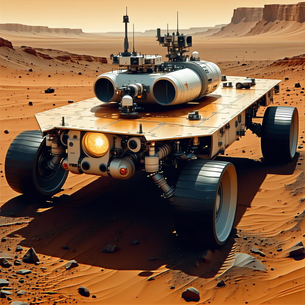 A Futuristic Vehicle Is Parked On A Rocky Surface, Possibly A Desert