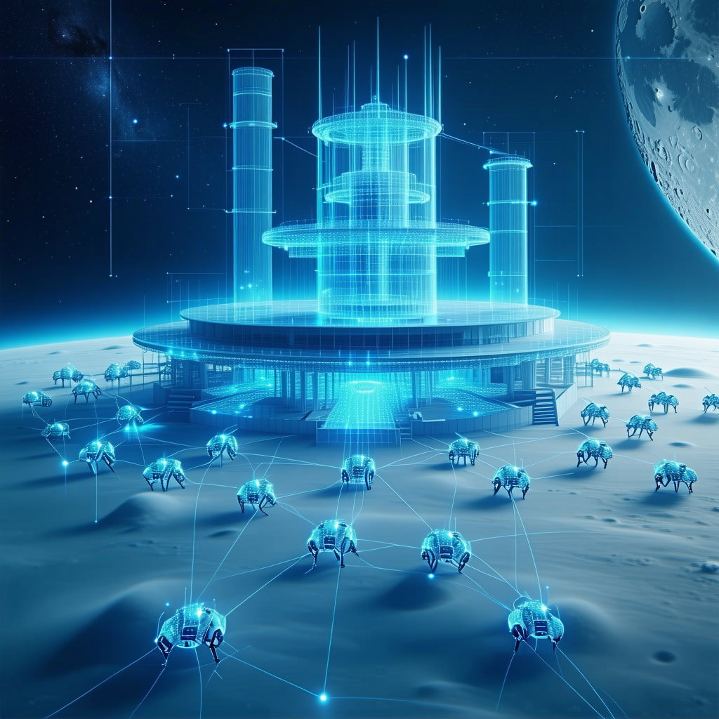 A Futuristic City With A Large, Blue, And White Building In The Center