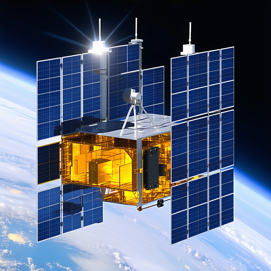 A Small Satellite With A Solar Panel On Top, Floating In The Sky