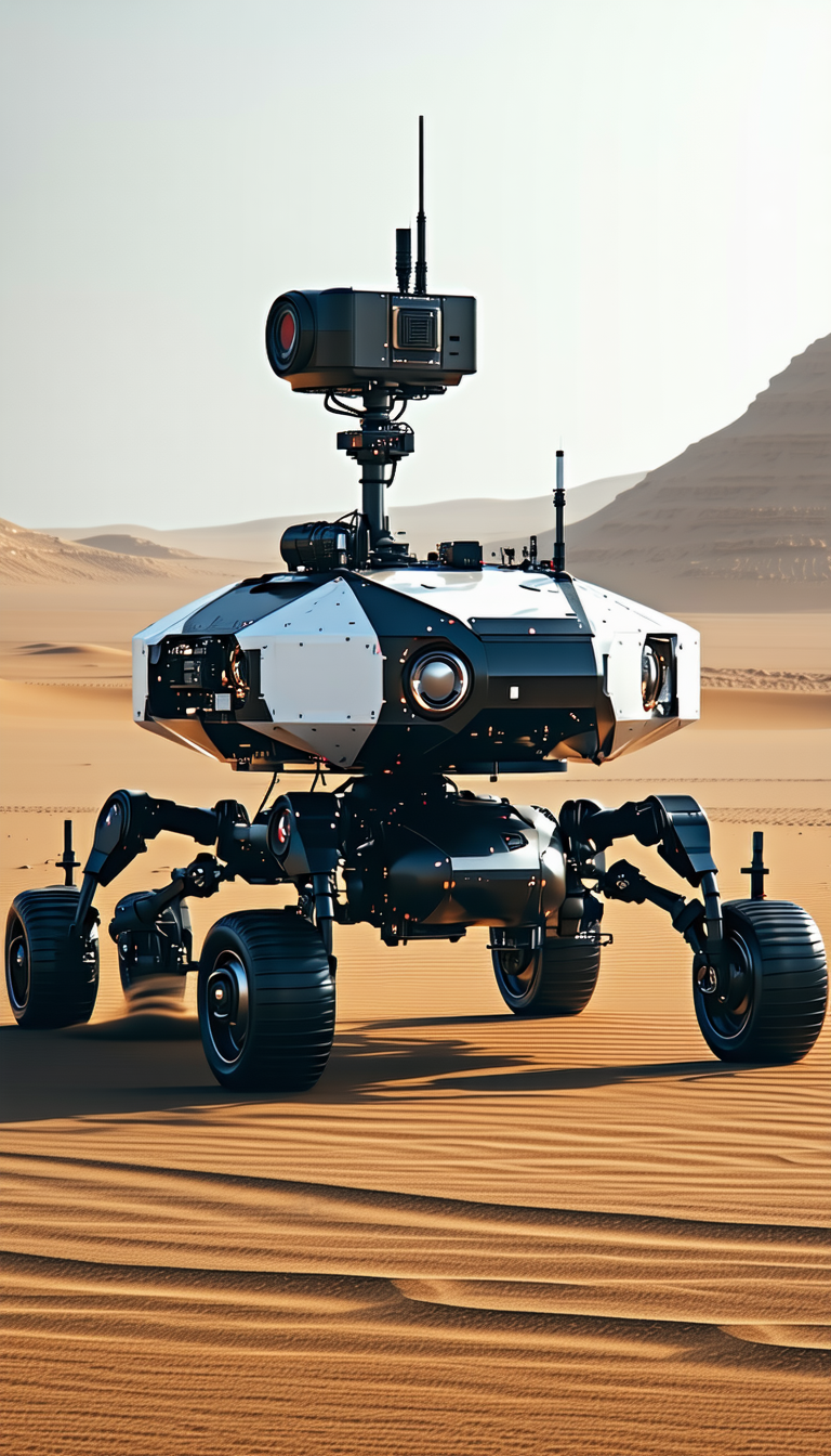 A Robotic Vehicle Is Driving Across A Sandy Terrain