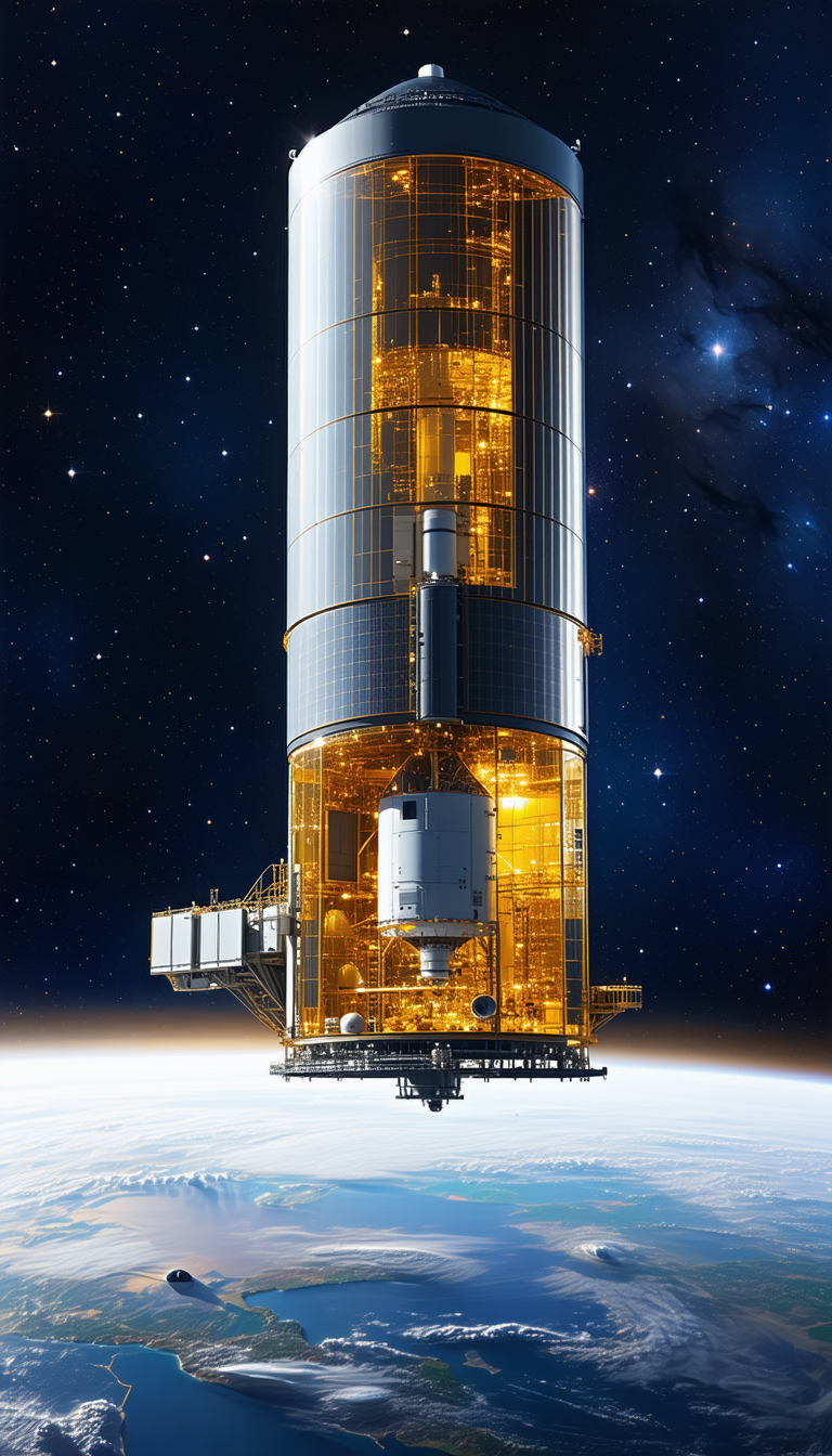 A Large Spacecraft, Possibly A Space Station Or A Satellite, Floating In The Sky