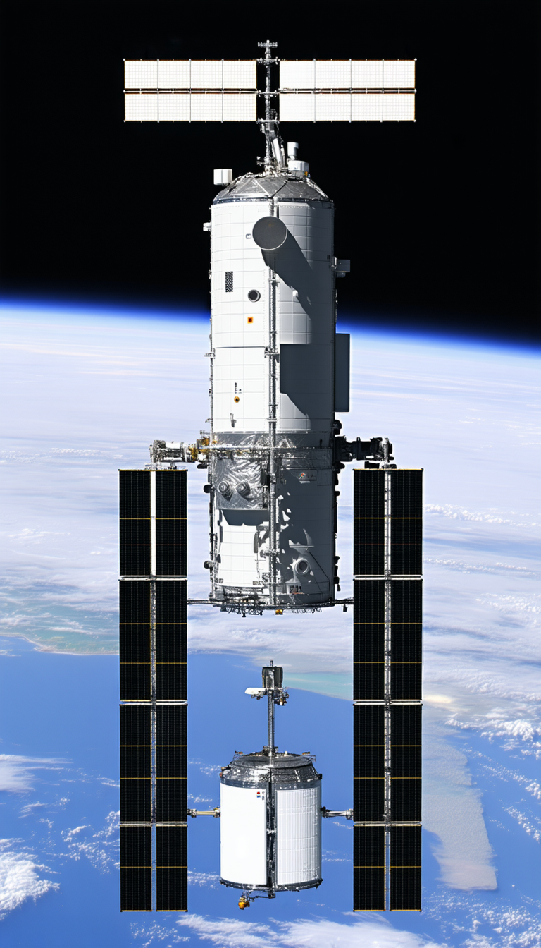 A Large Spacecraft Is Seen In The Sky, With A Satellite Dish On The Bottom Of The Spacecraft