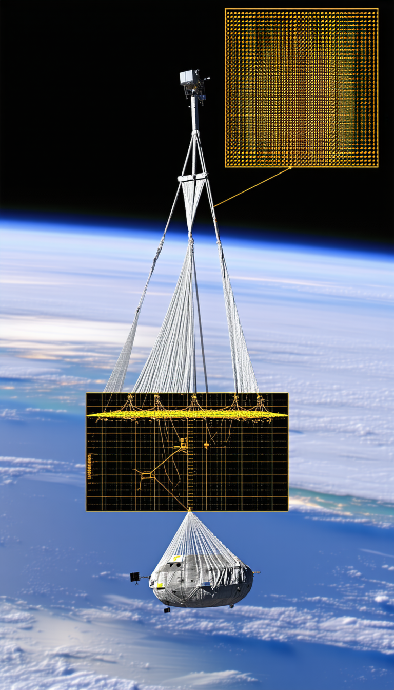 A Large Satellite In Space, With A Long Wire Extending From It