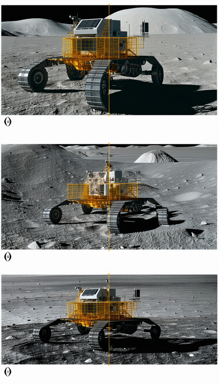 The Image Is A Collage Of Four Different Pictures Of A Rover On The Moon