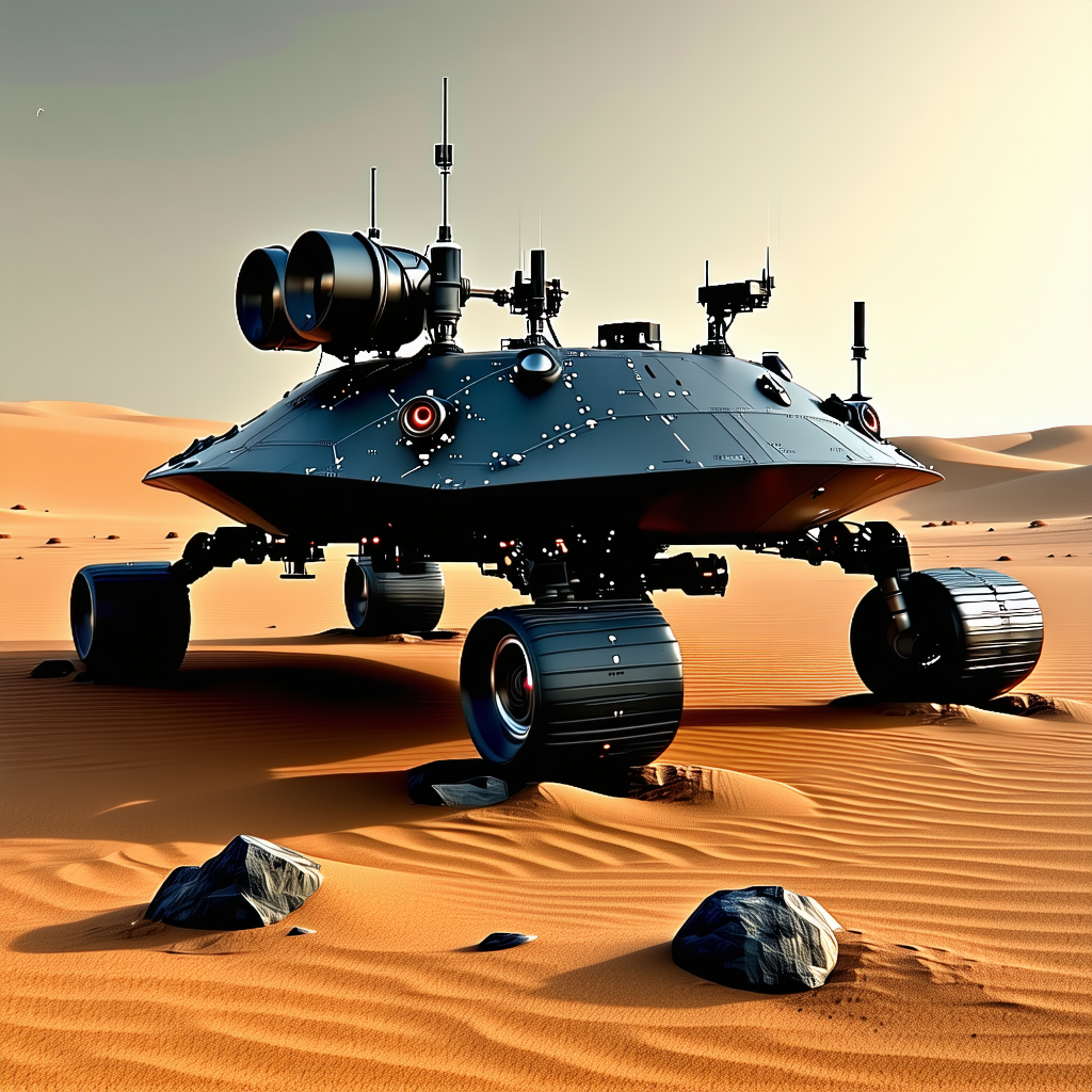 A Large, Futuristic-looking Vehicle Is Parked In A Desert-like Environment