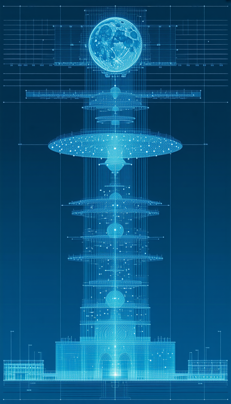 A Blue And White Drawing Of A Tower Is Displayed