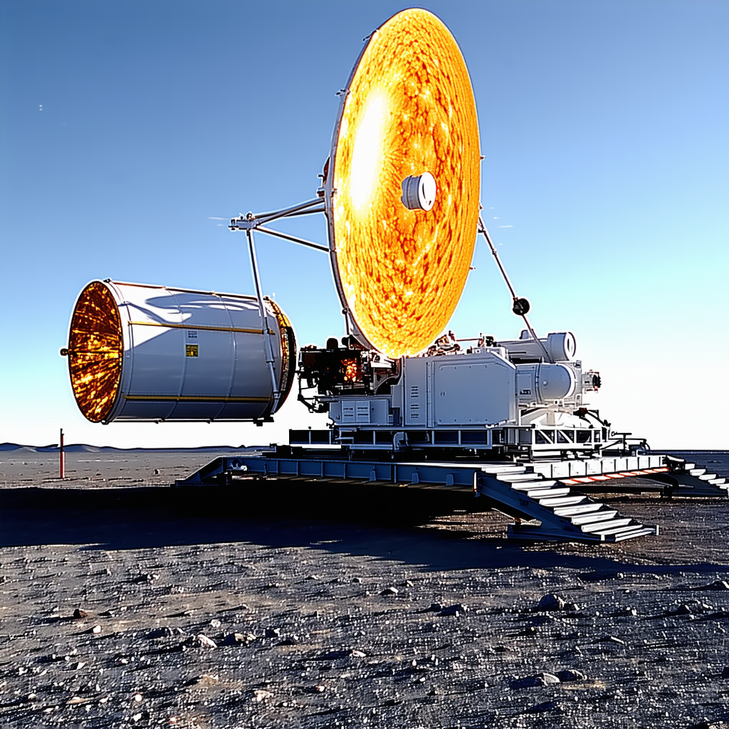 A Large White Satellite Dish Is Sitting On A Metal Platform In A Desert