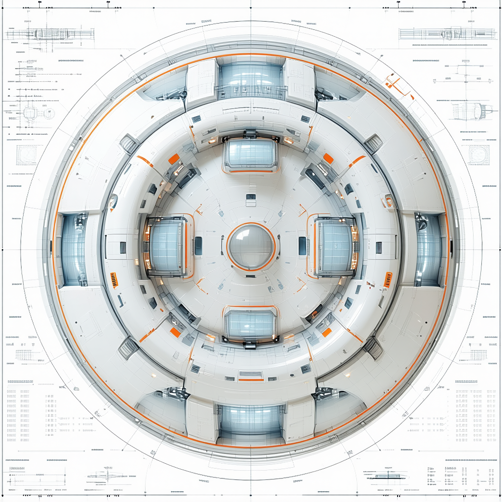 A White And Orange Space Station Is Shown In A 3d Drawing