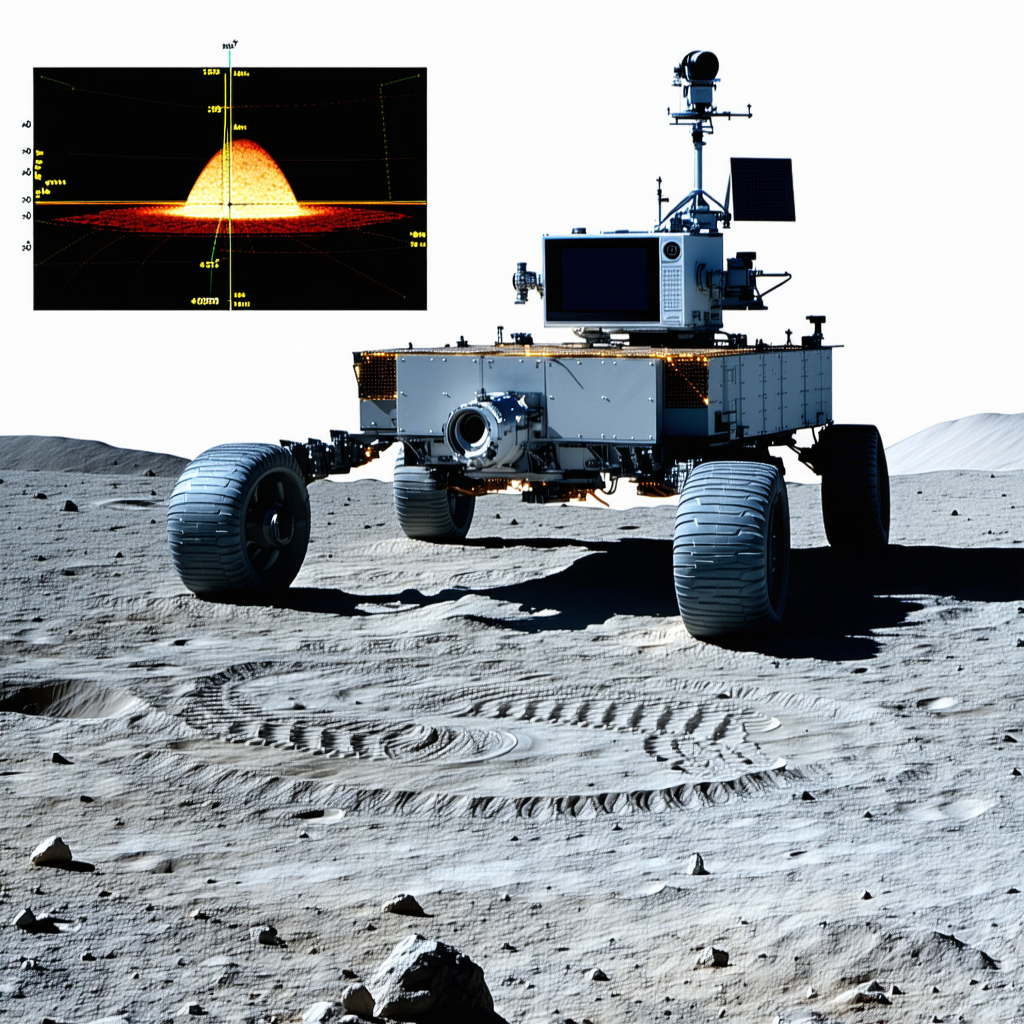 A Large Robotic Vehicle Is Parked On A Rocky Surface, Possibly On The Moon
