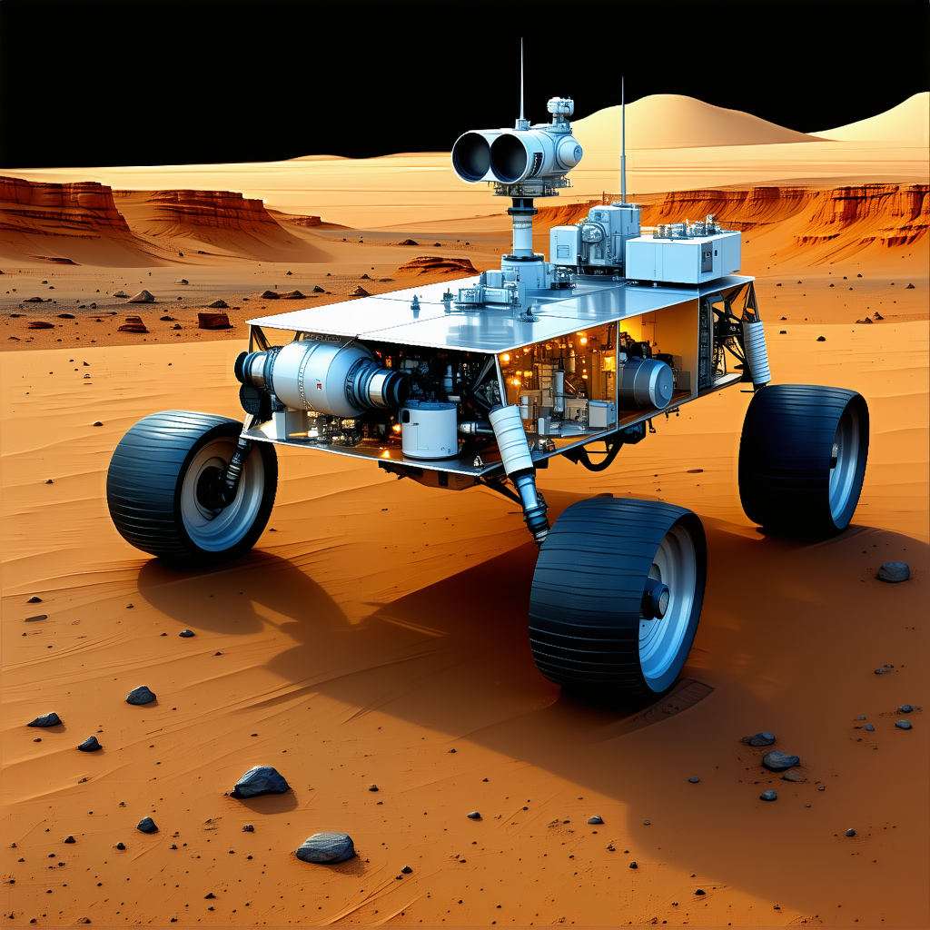 A Futuristic Vehicle, Possibly A Rover Or A Spacecraft, Parked On A Red Dirt Surface