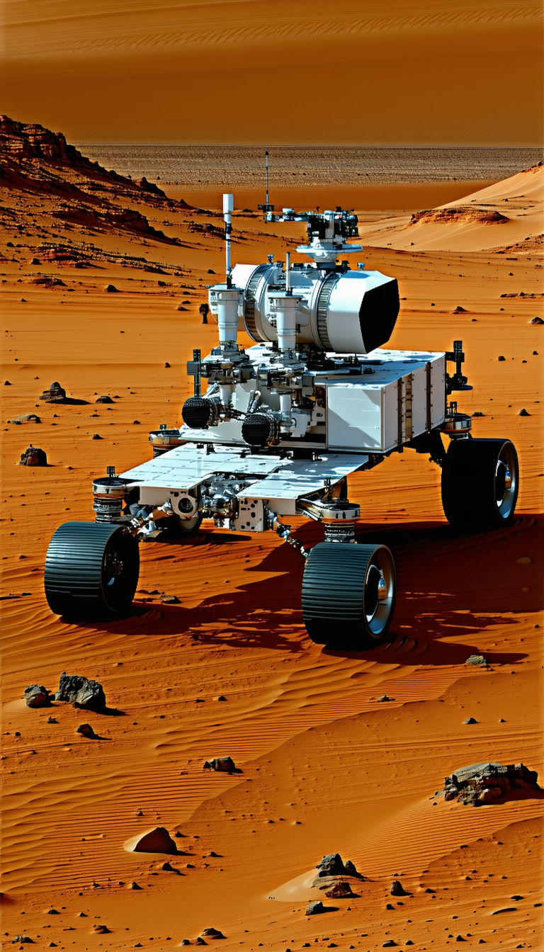 A Large White Robotic Vehicle With A Camera On Top, Driving Across A Red Dirt Surface