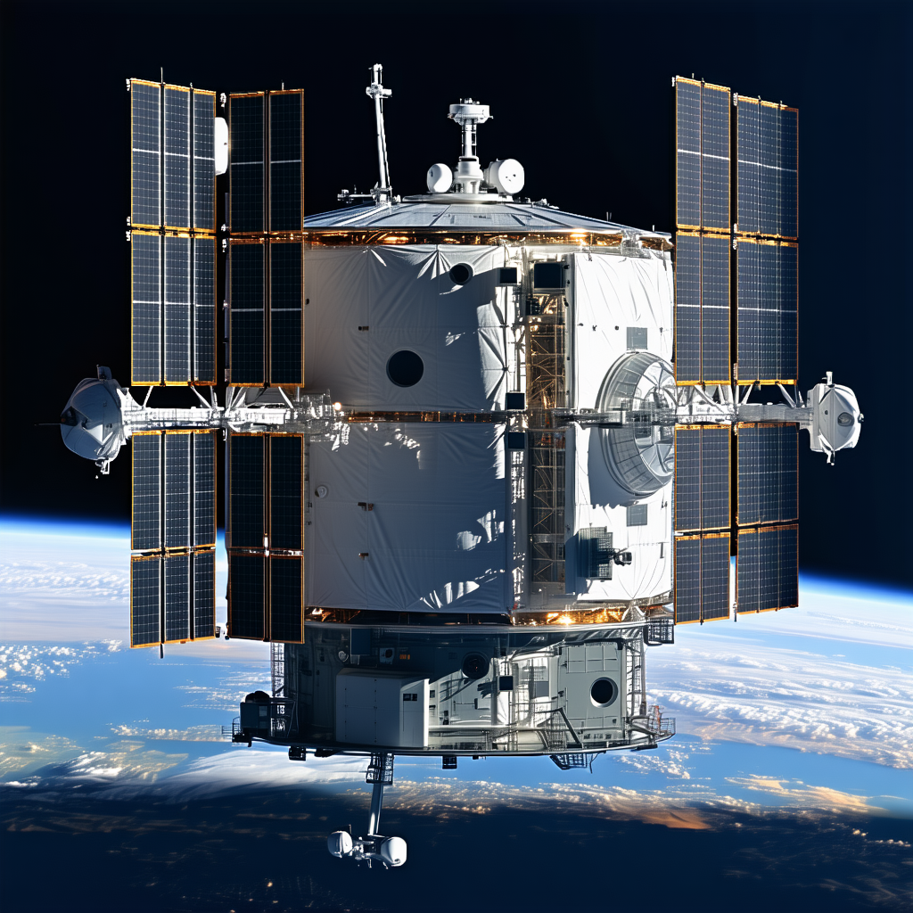 A Space Station With A Large Dome-shaped Structure, Which Is The Main Focus Of The Scene