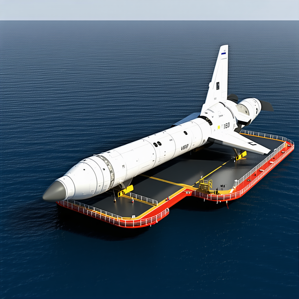 A Large White Space Shuttle Is Sitting On A Floating Platform In The Ocean