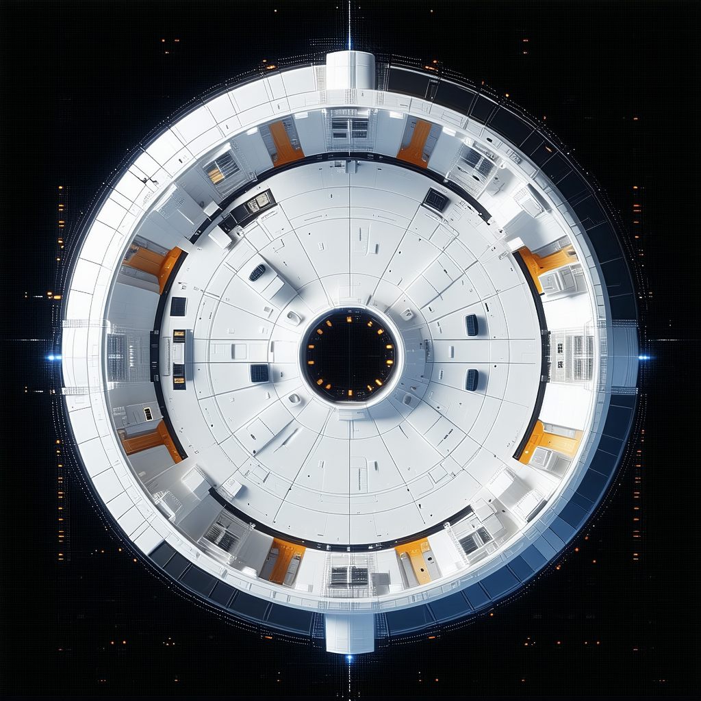 The Image Is A Close-up Of A Large White Spacecraft, Possibly A Space Station Or A Space Shuttle