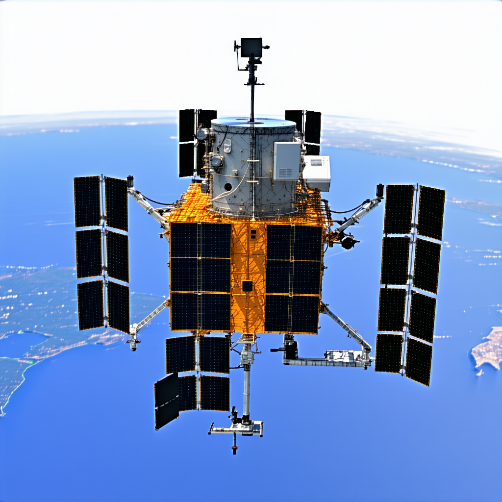 A Satellite In The Sky, With A Large Antenna On The Bottom Of The Spacecraft