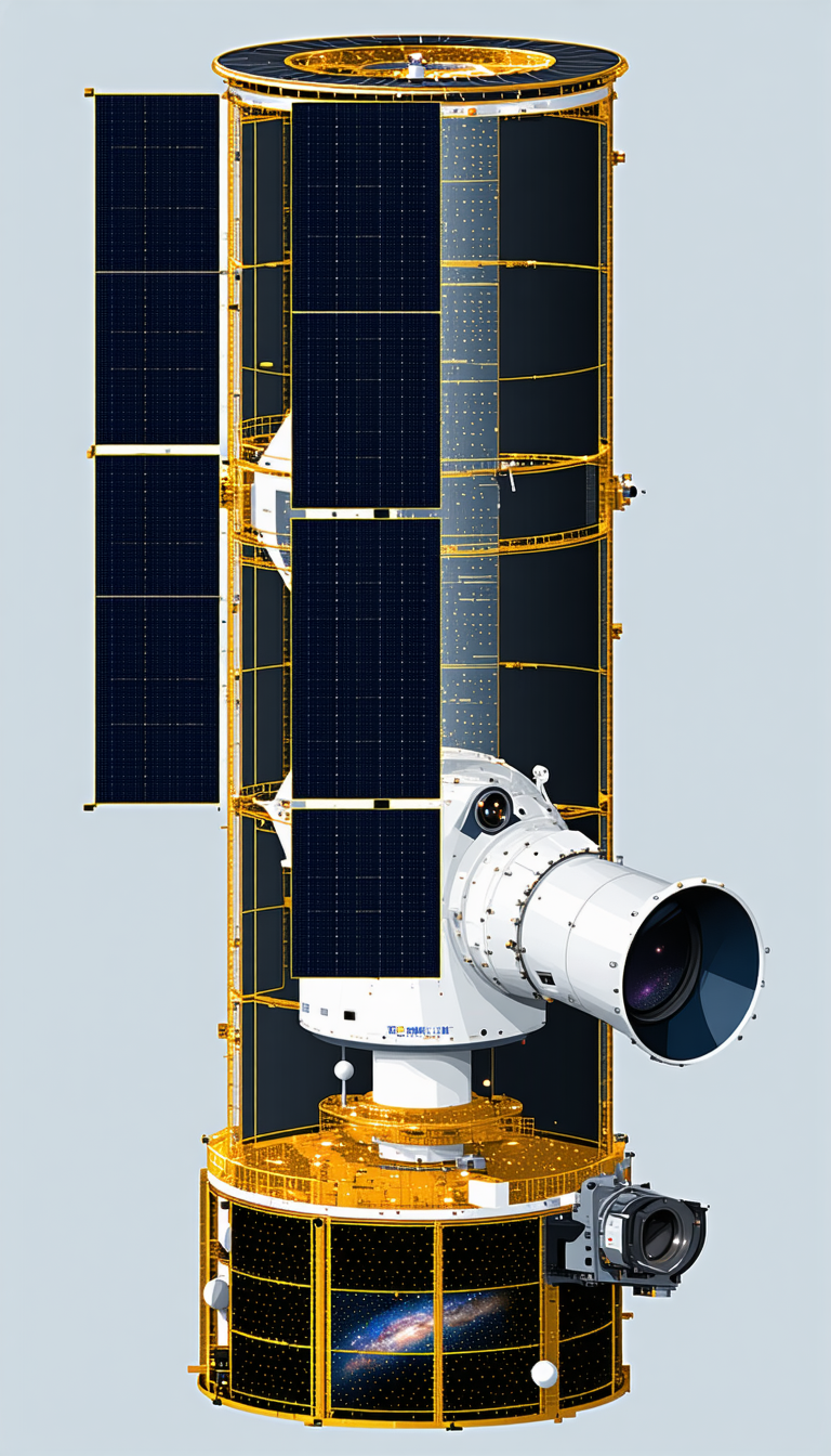 A Spacecraft Is Shown In A Close-up View, With A Large Camera Lens On The Front
