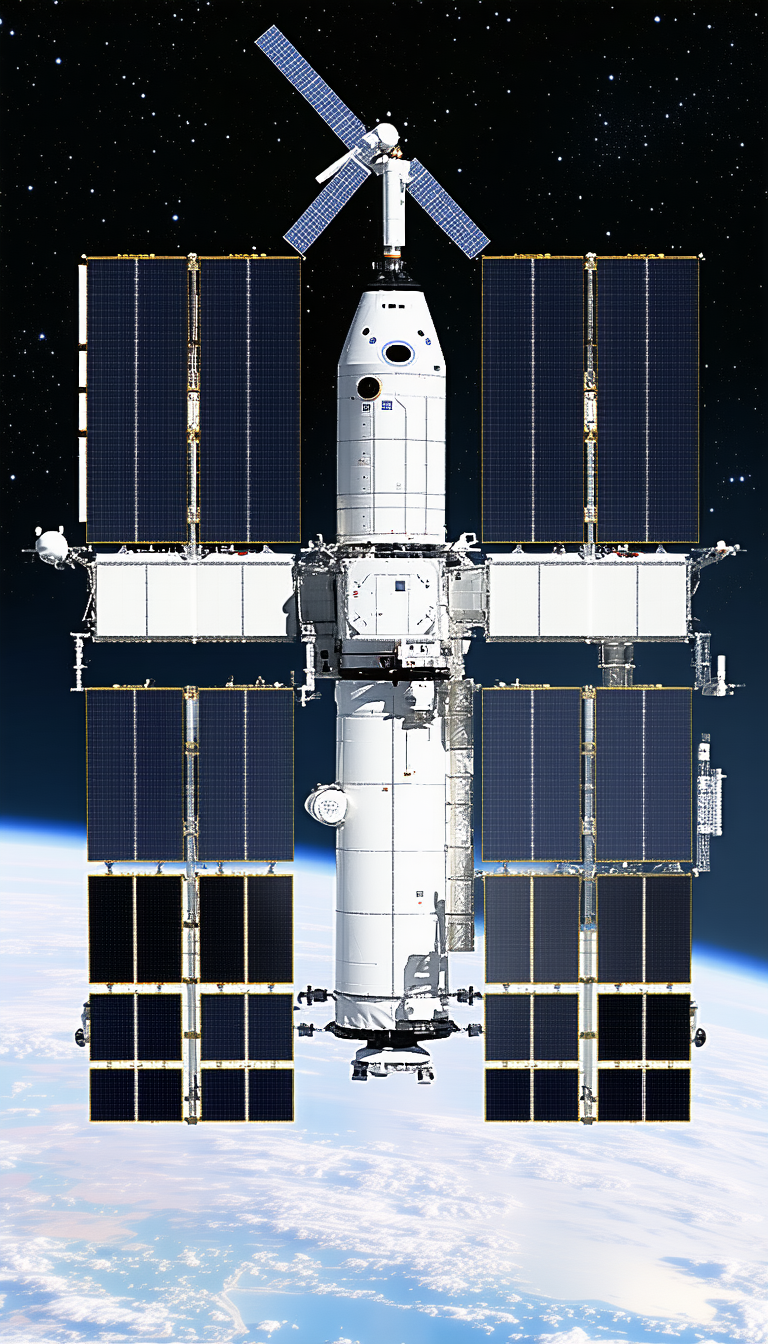 A Large Spacecraft With A White And Black Color Scheme, Floating In The Air