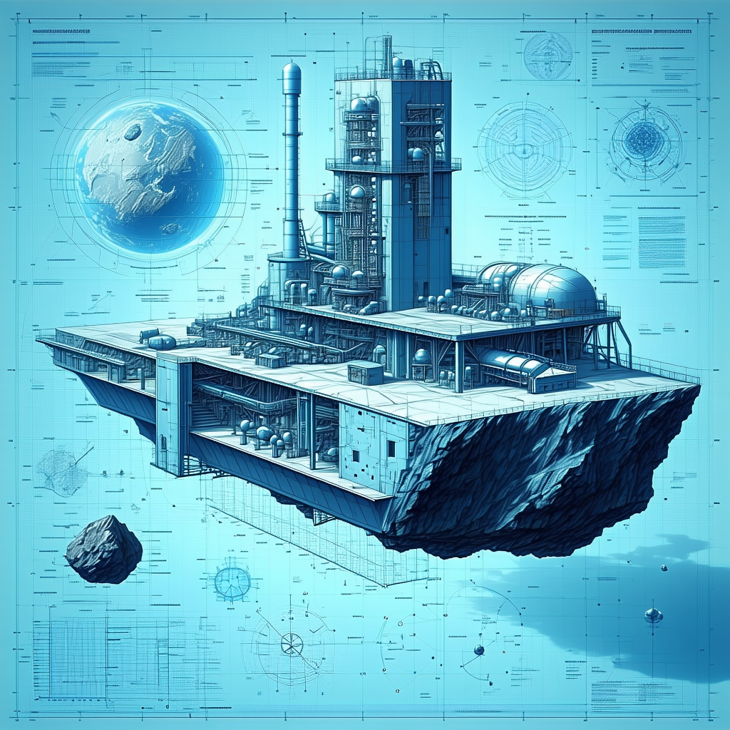 A Large, Futuristic Space Station Is Depicted In A Blue And White Drawing