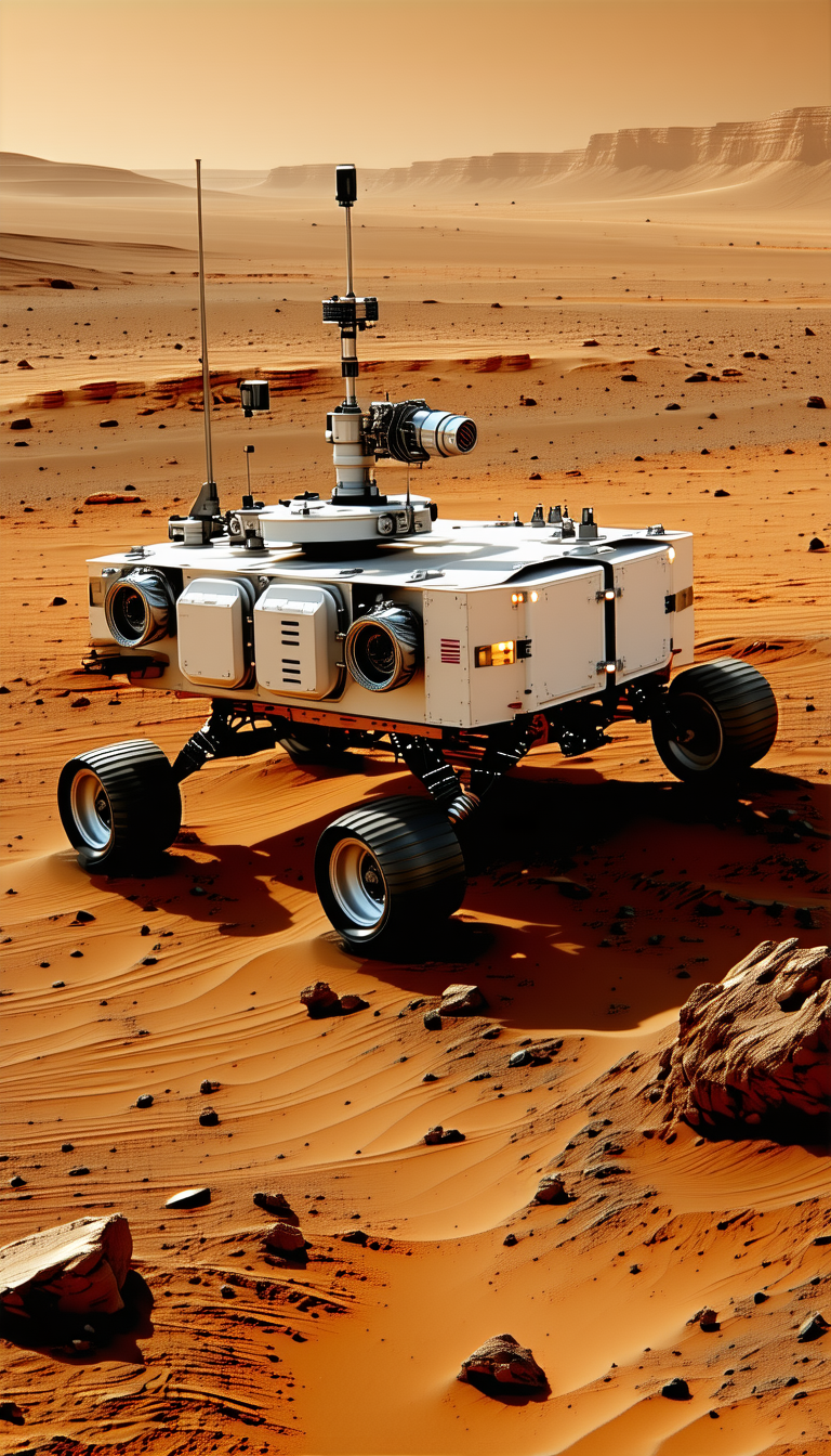 A White Robotic Vehicle With A Large Camera On Its Front, Driving Across A Sandy Terrain