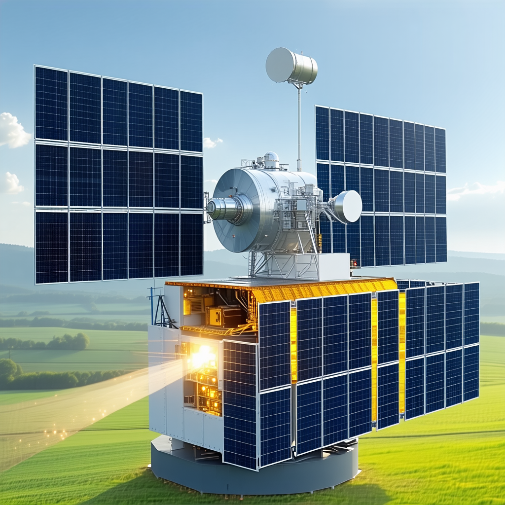 A Large Satellite With A Solar Panel On Top, Sitting On A Grassy Field