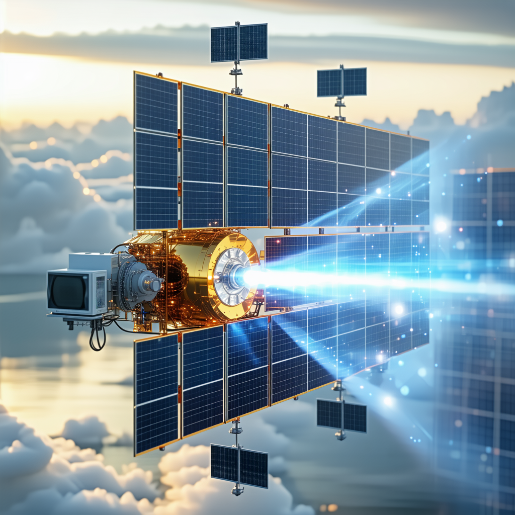 A Spacecraft With A Large Solar Panel On Its Side, Flying Through The Sky