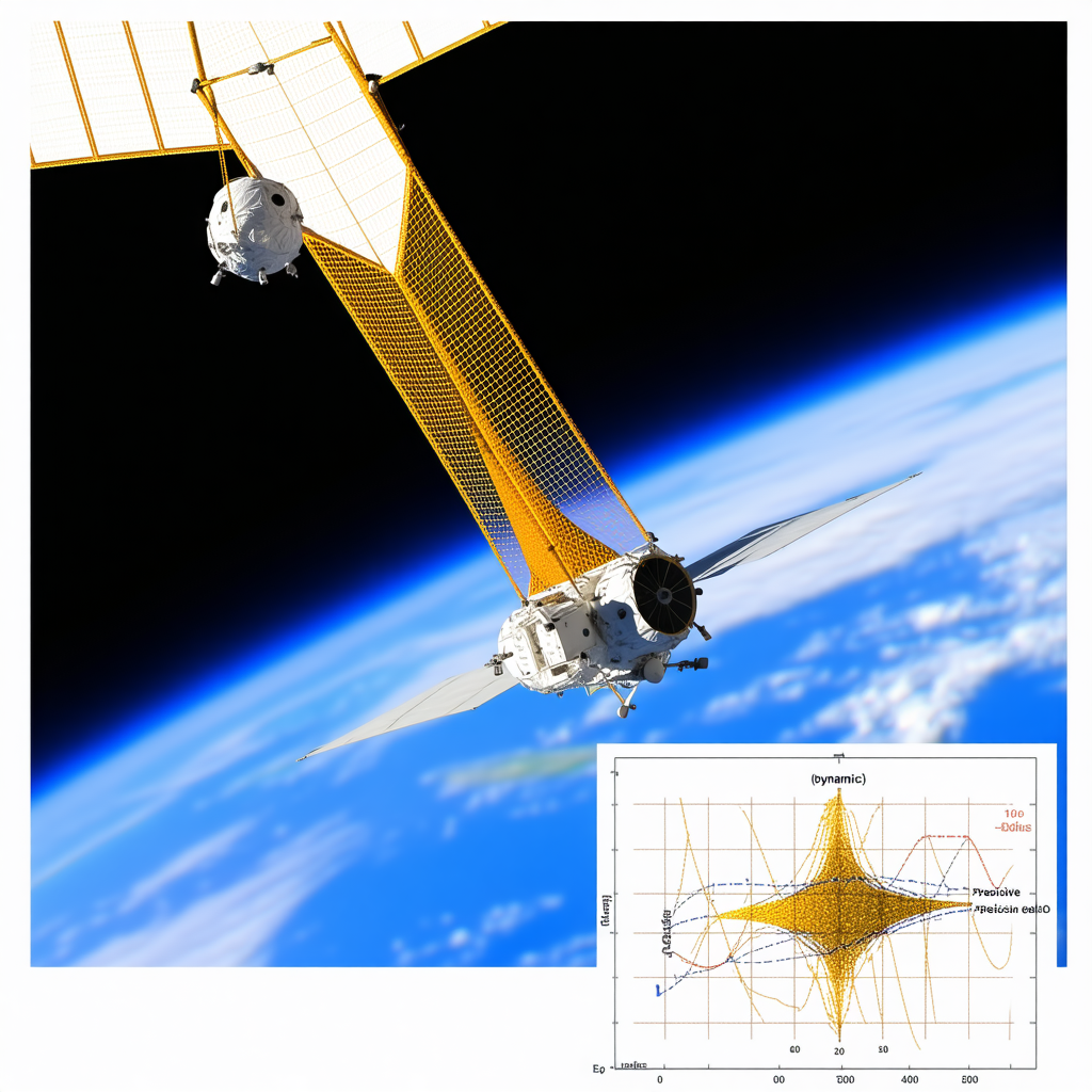 A Spacecraft Flying Through The Sky, With A Large Satellite Visible In The Background