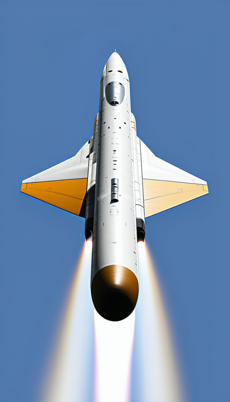 A White And Yellow Rocket Is Flying Through The Sky