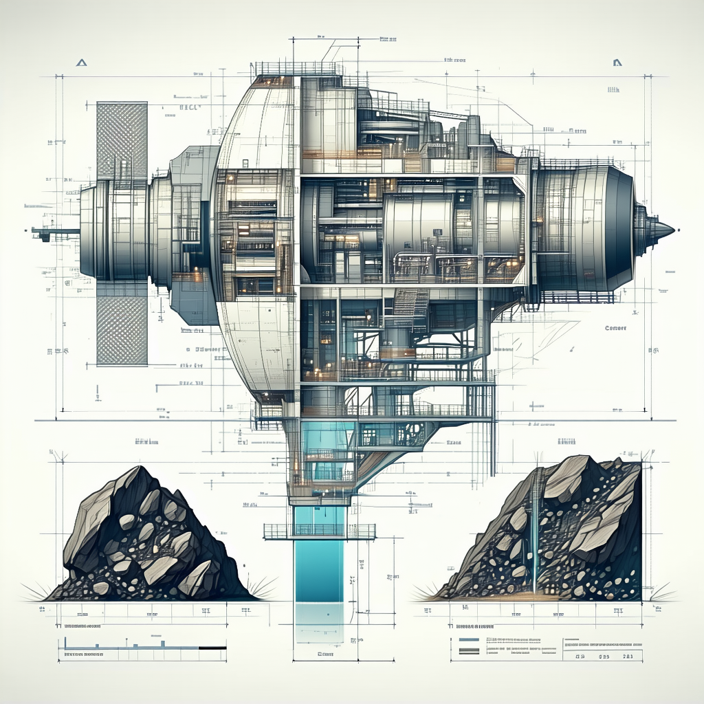 A Large, Futuristic Spacecraft Is Shown In A Series Of Detailed Drawings