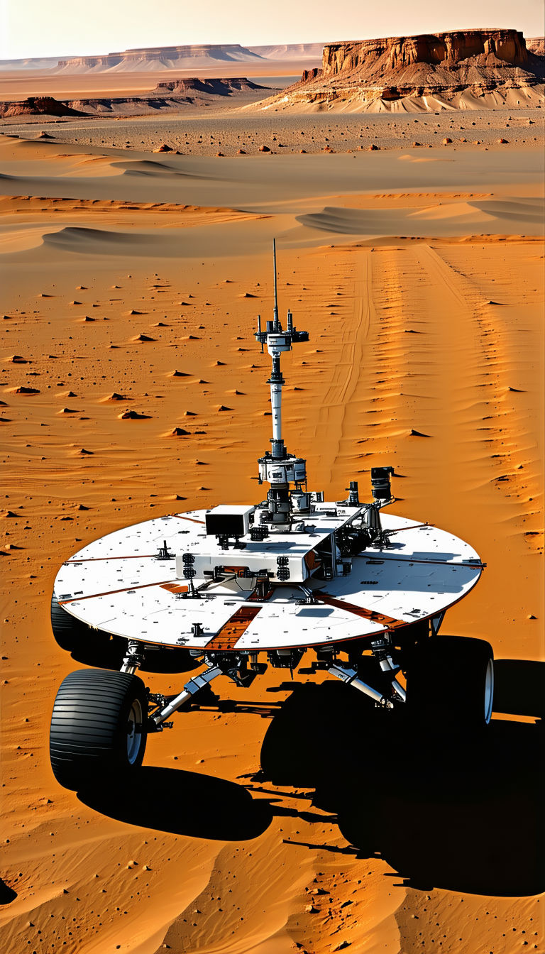 A Large, White, And Orange Spacecraft On A Red Dirt Surface