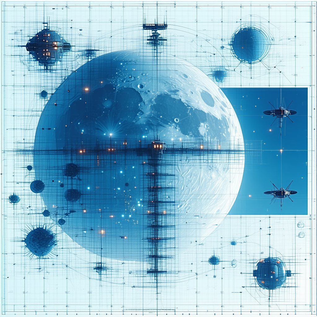 A Blue And White Drawing Of A Moon And Planets Is Displayed
