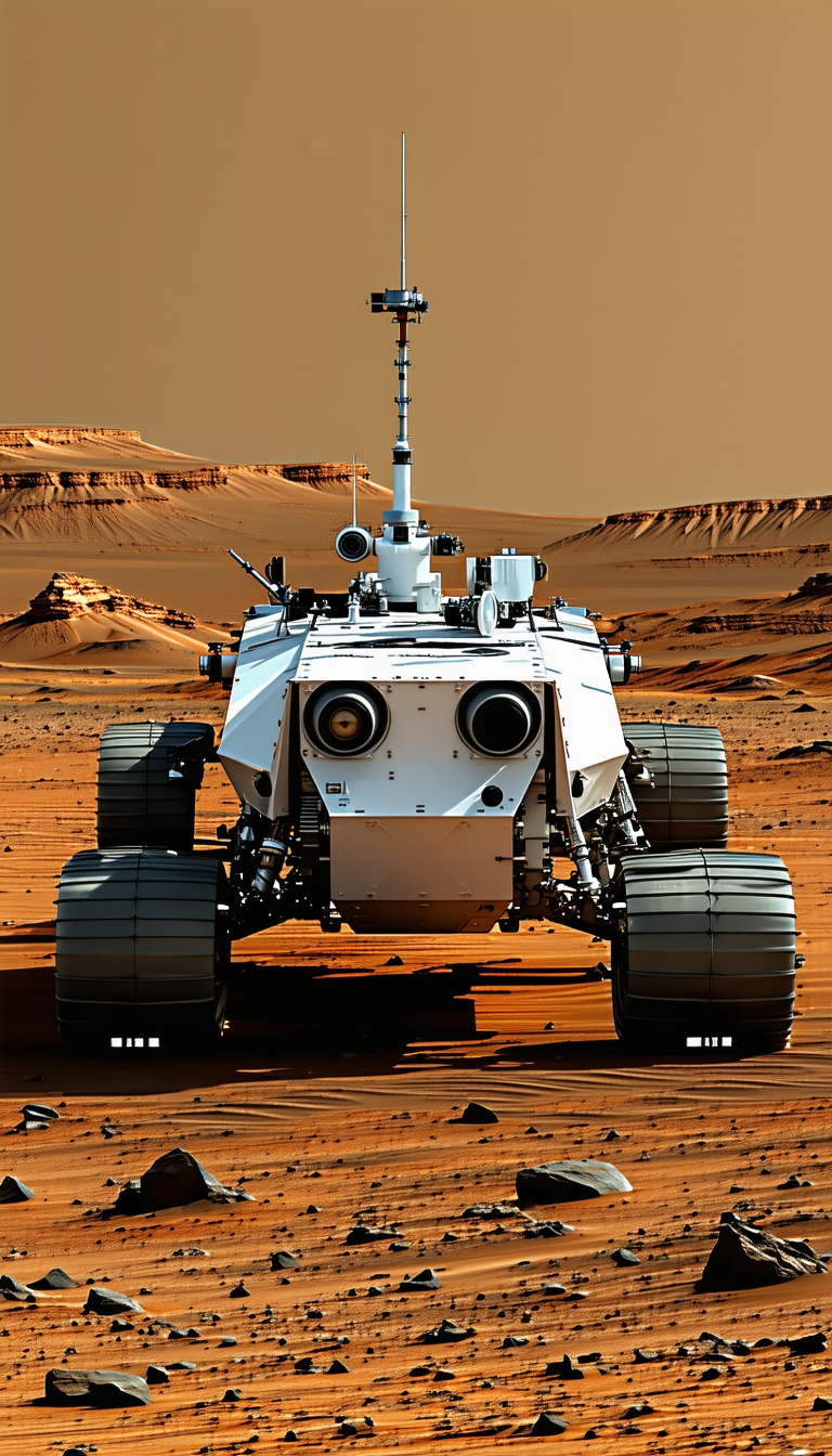 A White Robotic Vehicle With A Large Antenna On Top, Driving Across A Desert Landscape