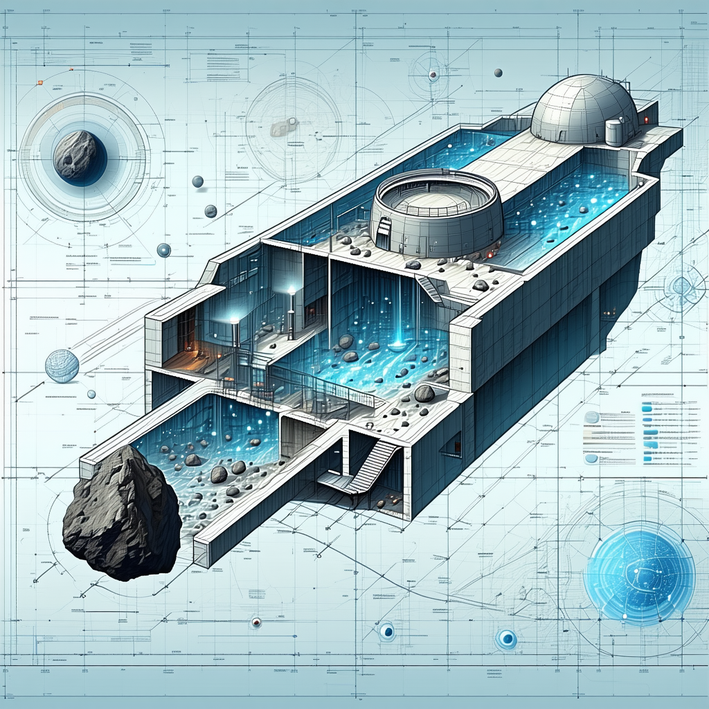 A Futuristic Building Is Depicted In A Blue And White Drawing