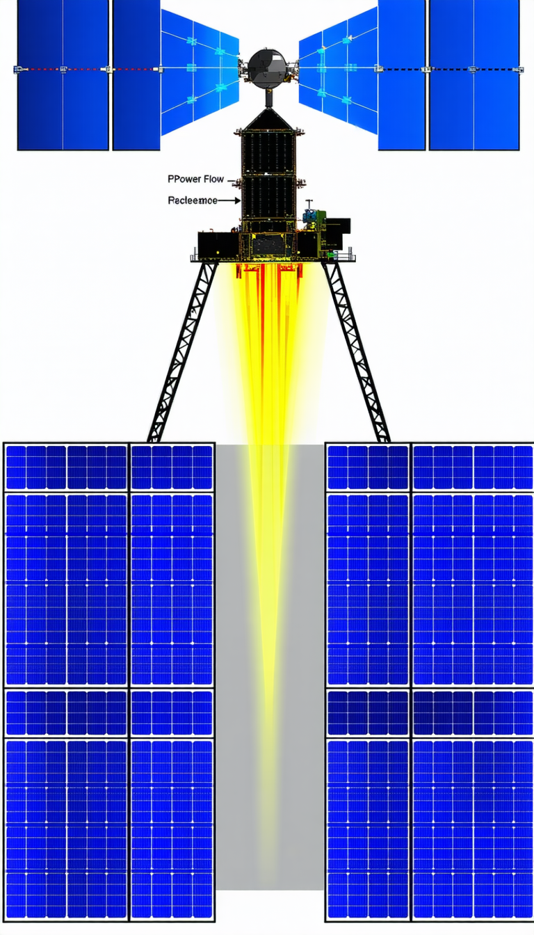 A Large Solar Panel With A Yellow Beam Of Light Coming Out Of It