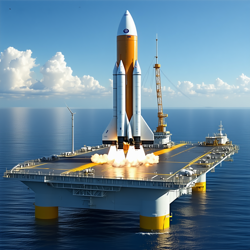 A Large Rocket Ship On A Platform In The Ocean