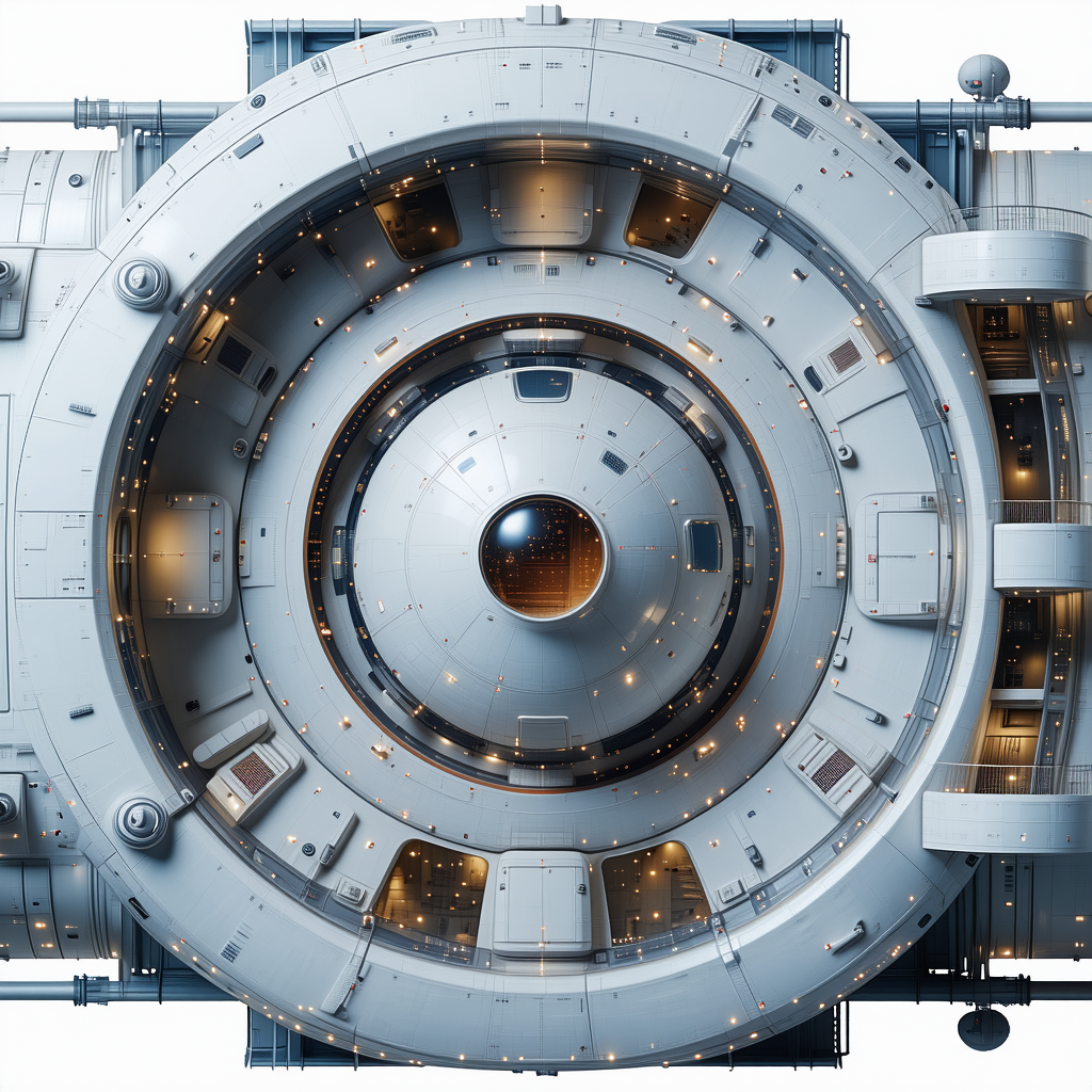 The Image Is A 3d Model Of A Large White Spacecraft, Likely A Space Station Or A Space Shuttle